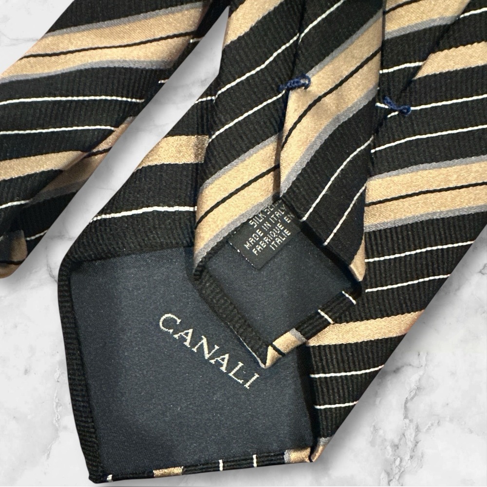CANALI BLACK STRIPED DESIGN 100% SILK NECK TIE - Picture 4 of 4
